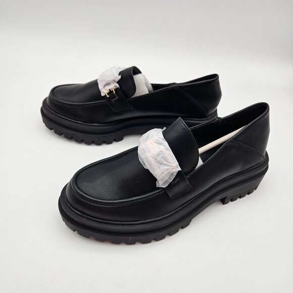 ZBY Black Vegan Leather Lug Sole Loafer Gold Tone Hardware Womens Sz 6.5 NEW - Picture 2 of 8